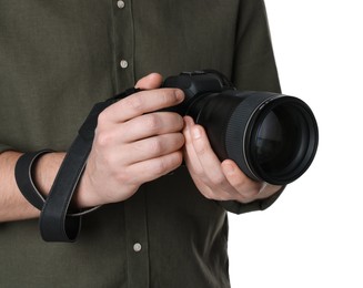 Photographer holding modern camera on white background, closeup