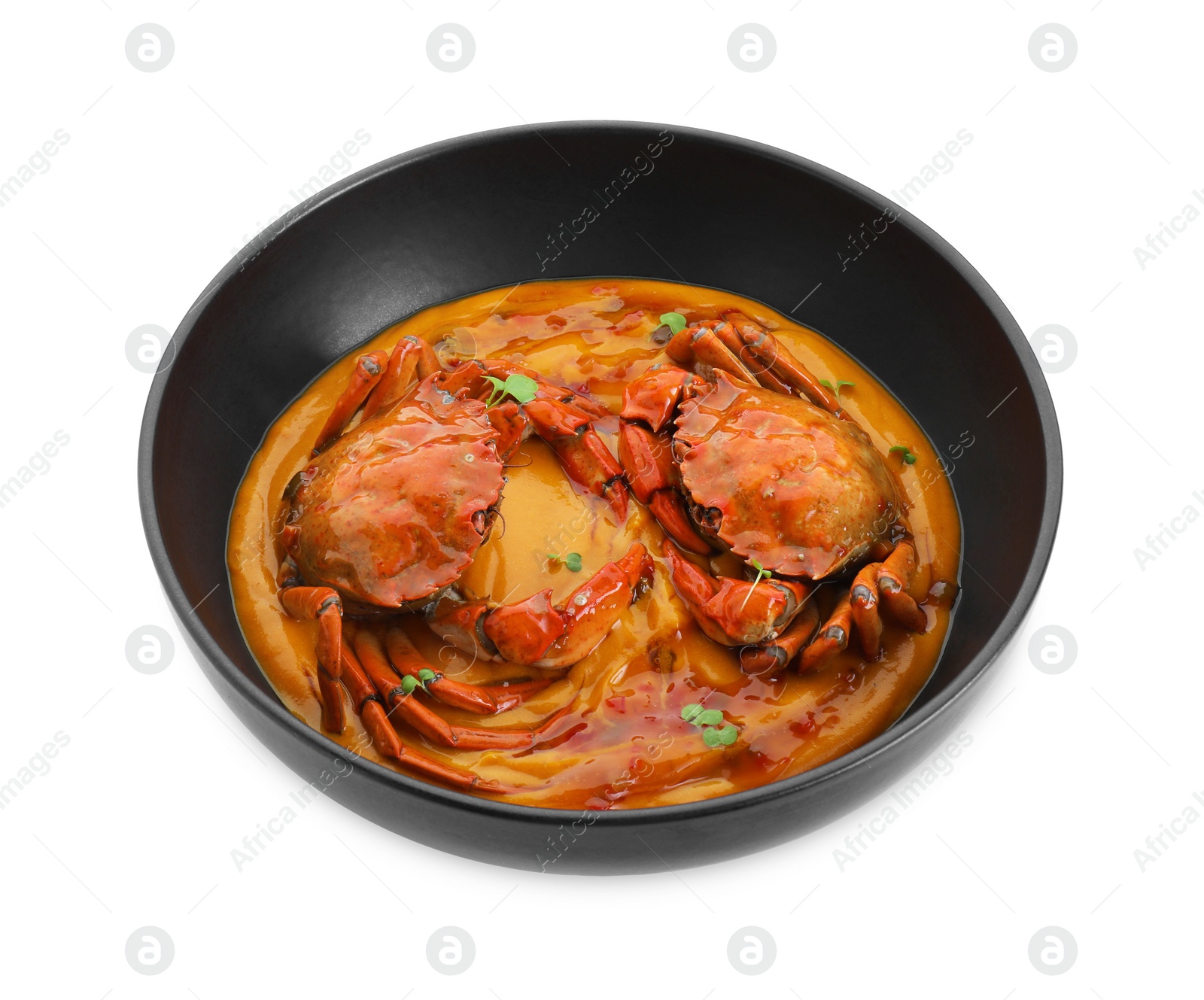 Photo of Delicious boiled crabs with sauce in bowl isolated on white