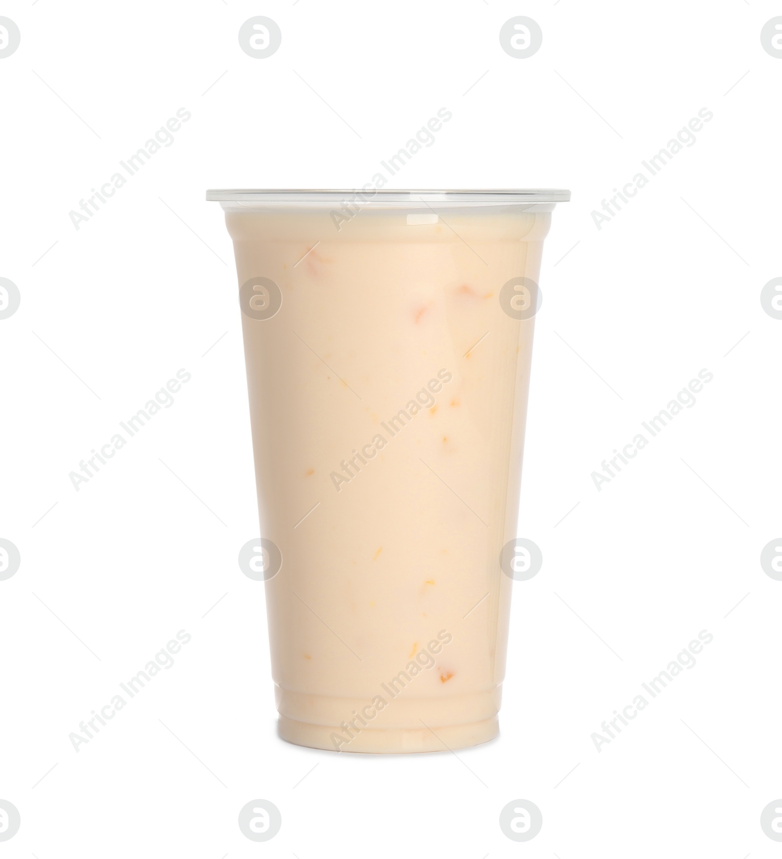 Photo of Plastic cup of tasty smoothie isolated on white