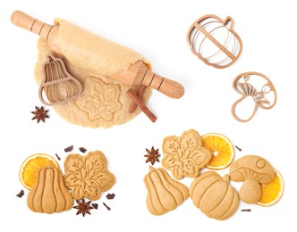 Image of Set with different tasty cookies, cutters and spices on white background, top view