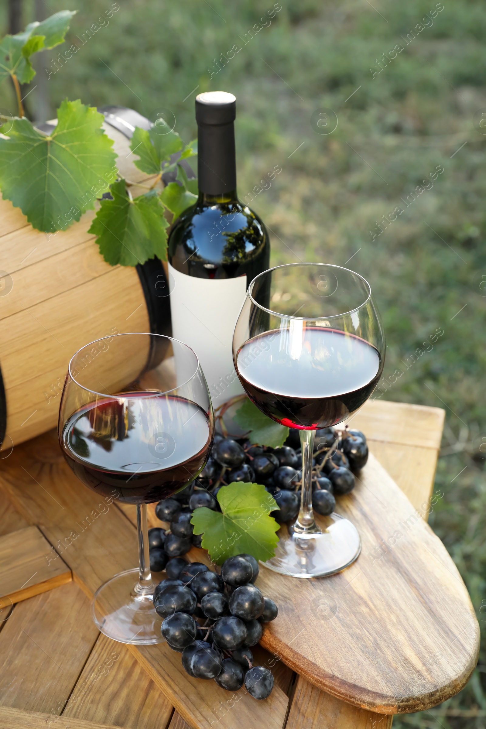 Photo of Composition with wine and ripe grapes on wooden table in vineyard