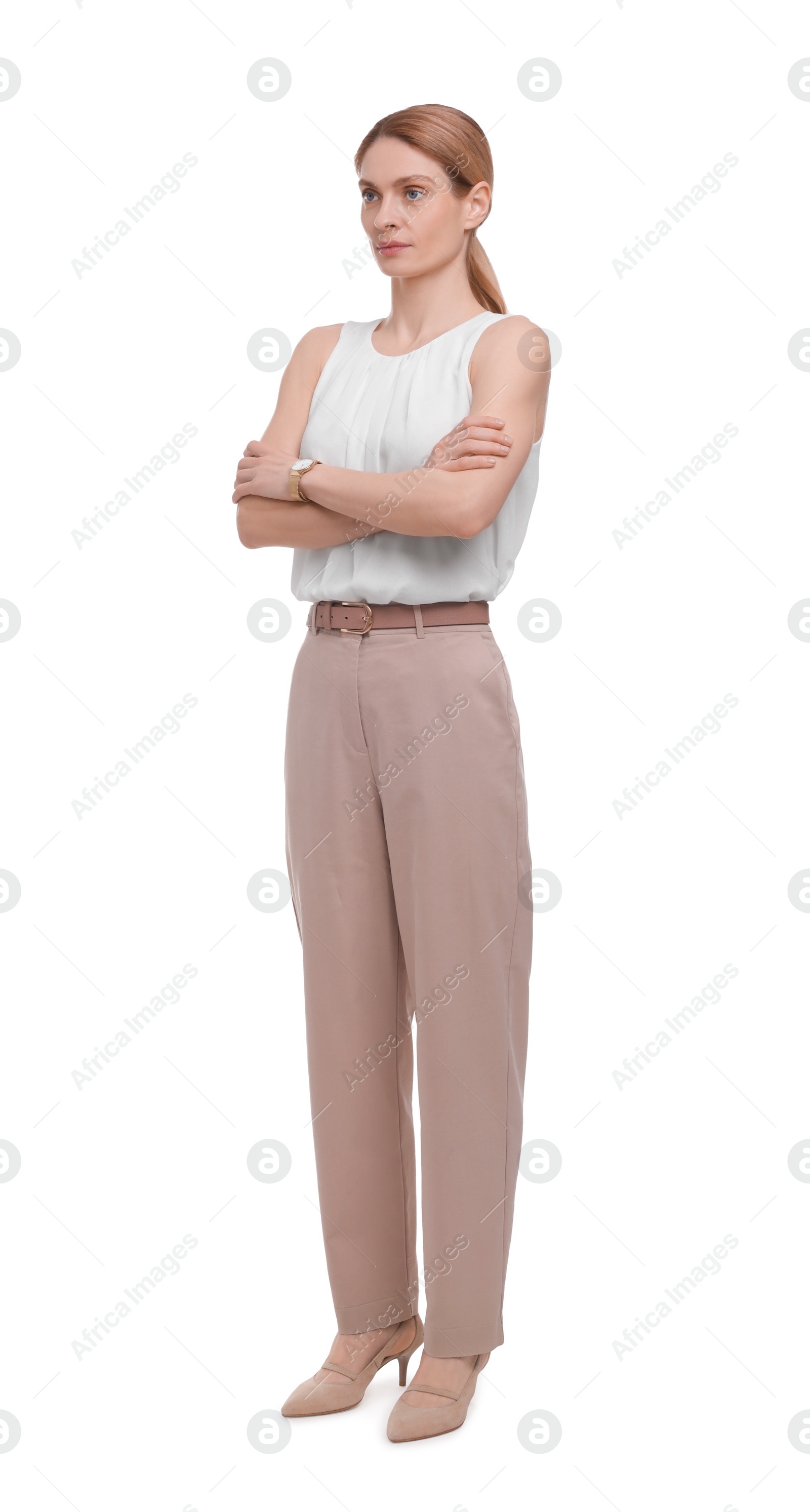 Photo of Beautiful businesswoman crossing arms on white background