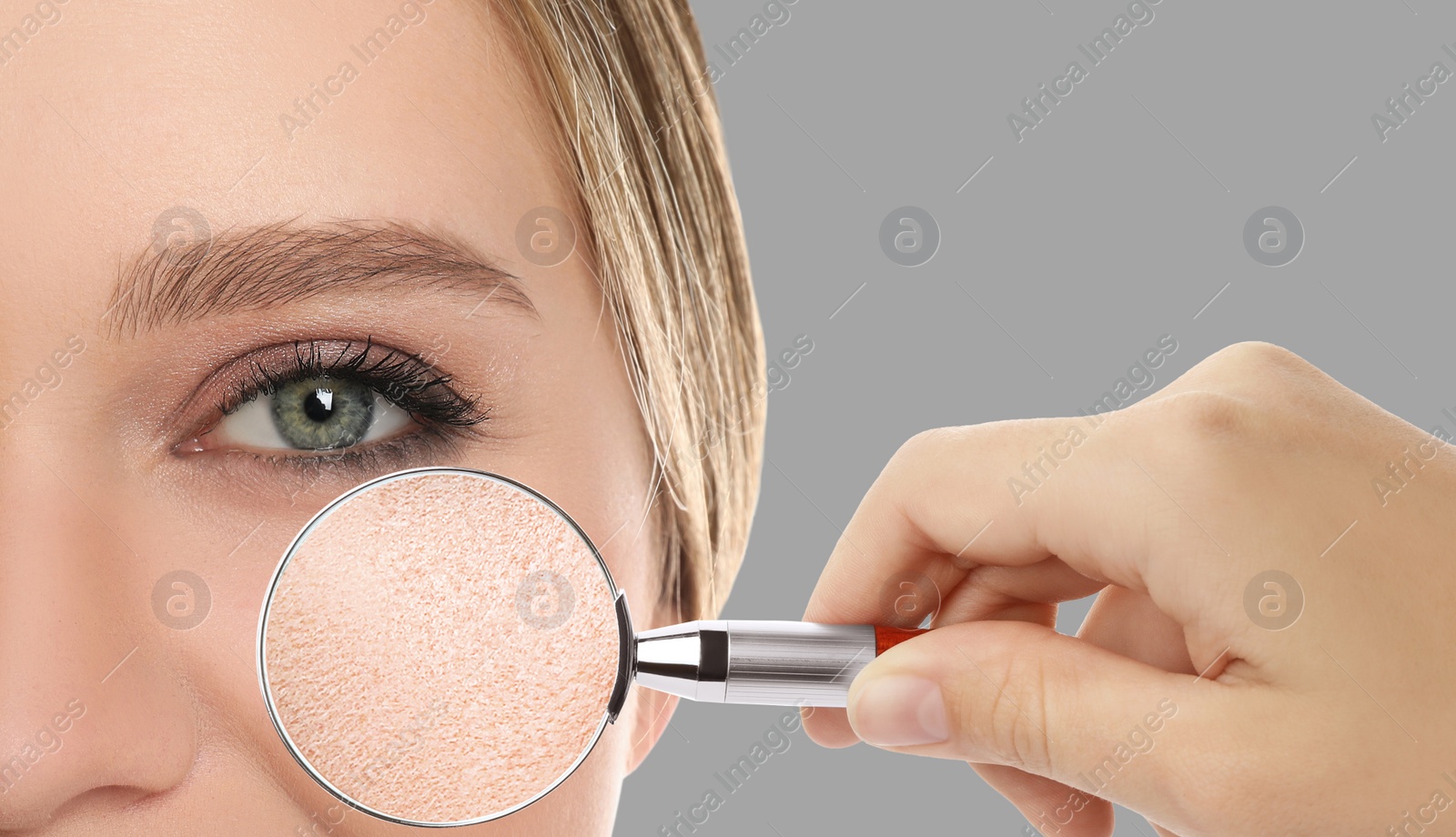 Image of Young woman with dry skin visiting dermatologist, closeup