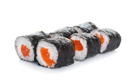 Tasty sushi rolls on white background. Food delivery service