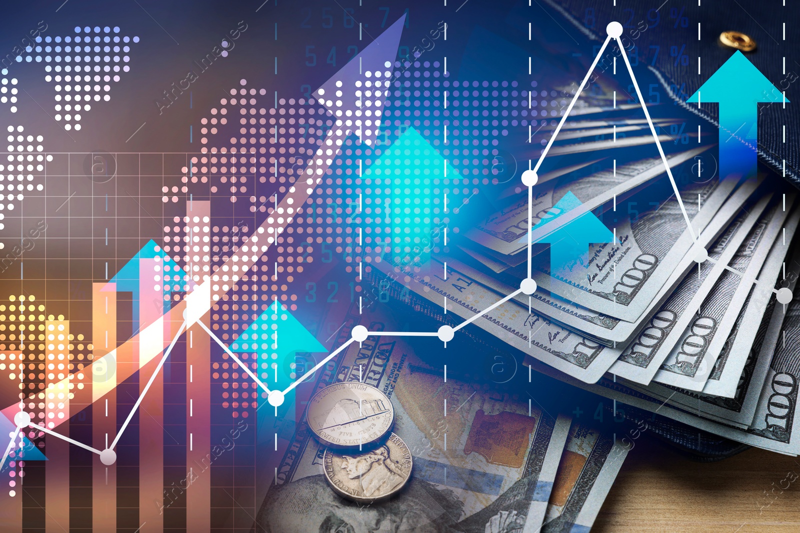 Image of Money exchange. Multiple exposure with dollar banknotes, coins, digital world map and graphs