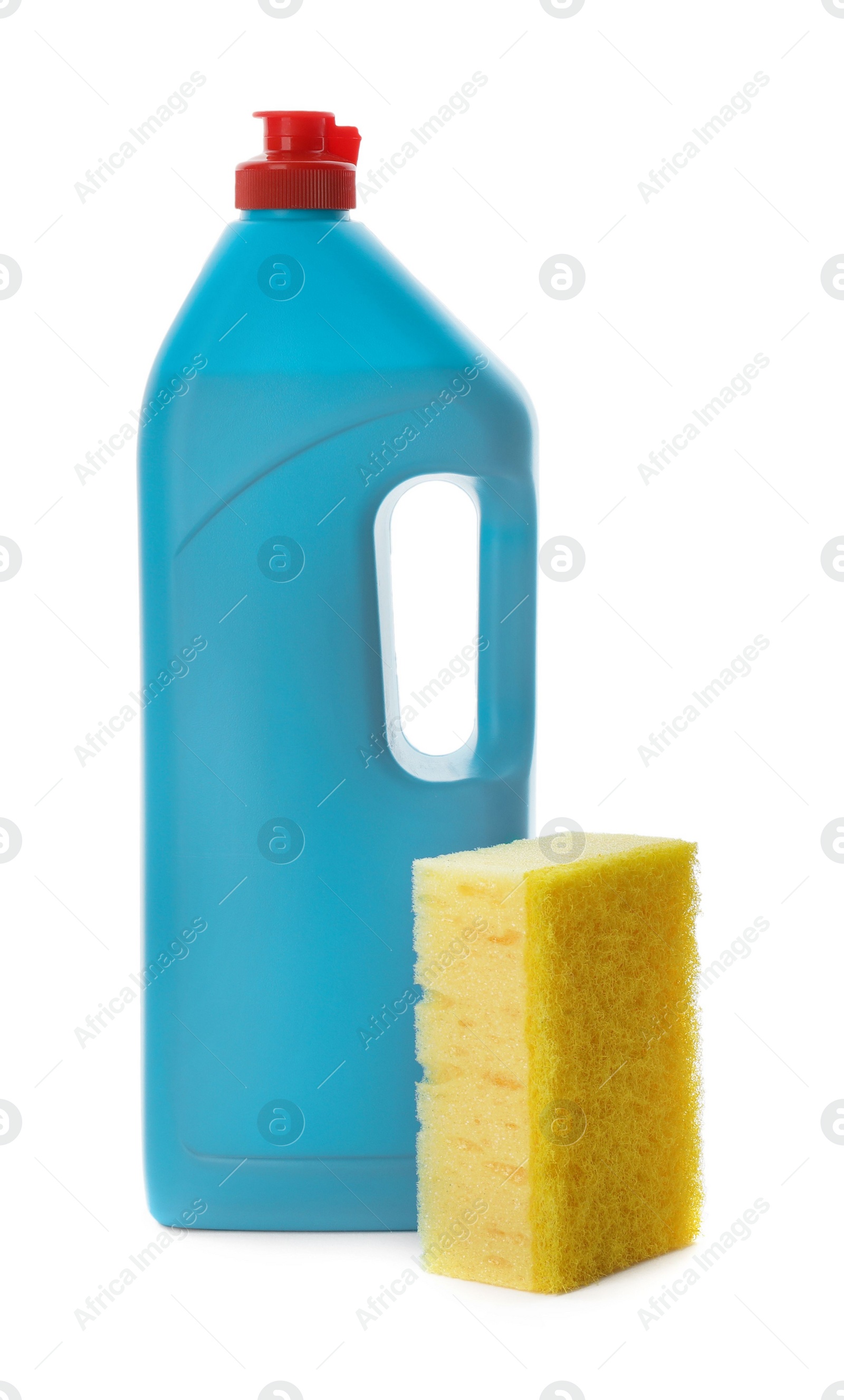 Photo of Bottle of detergent and cleaning sponge on white background