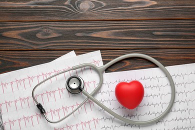 Stethoscope, red heart and cardiogram on wooden table, flat lay with space for text. Cardiology concept