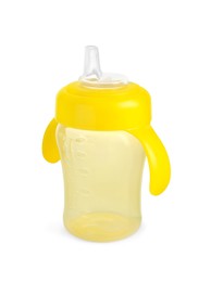 Photo of Empty yellow feeding bottle for infant formula isolated on white