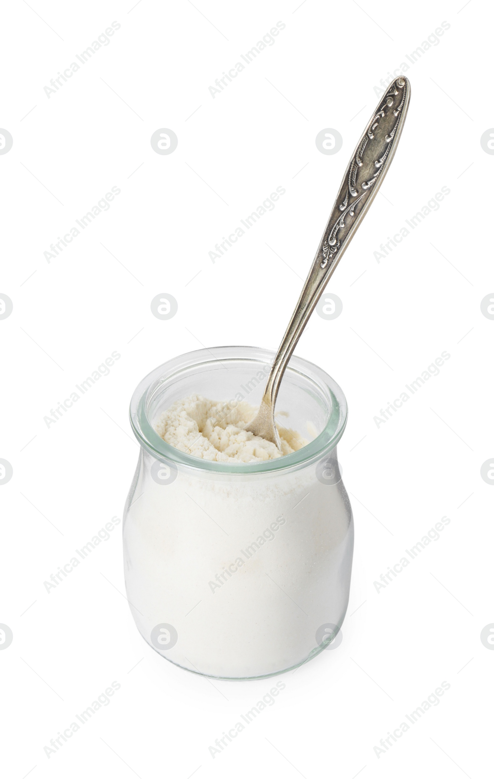 Photo of Baking powder in glass jar and spoon isolated on white