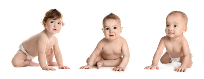 Image of Collage with photos of cute babies crawling on white background. Banner design