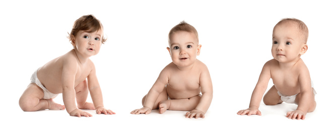 Collage with photos of cute babies crawling on white background. Banner design