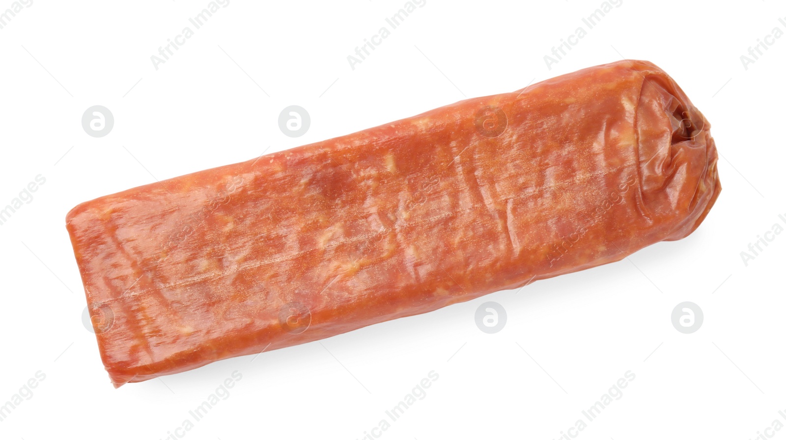 Photo of Half of delicious smoked sausage isolated on white, top view