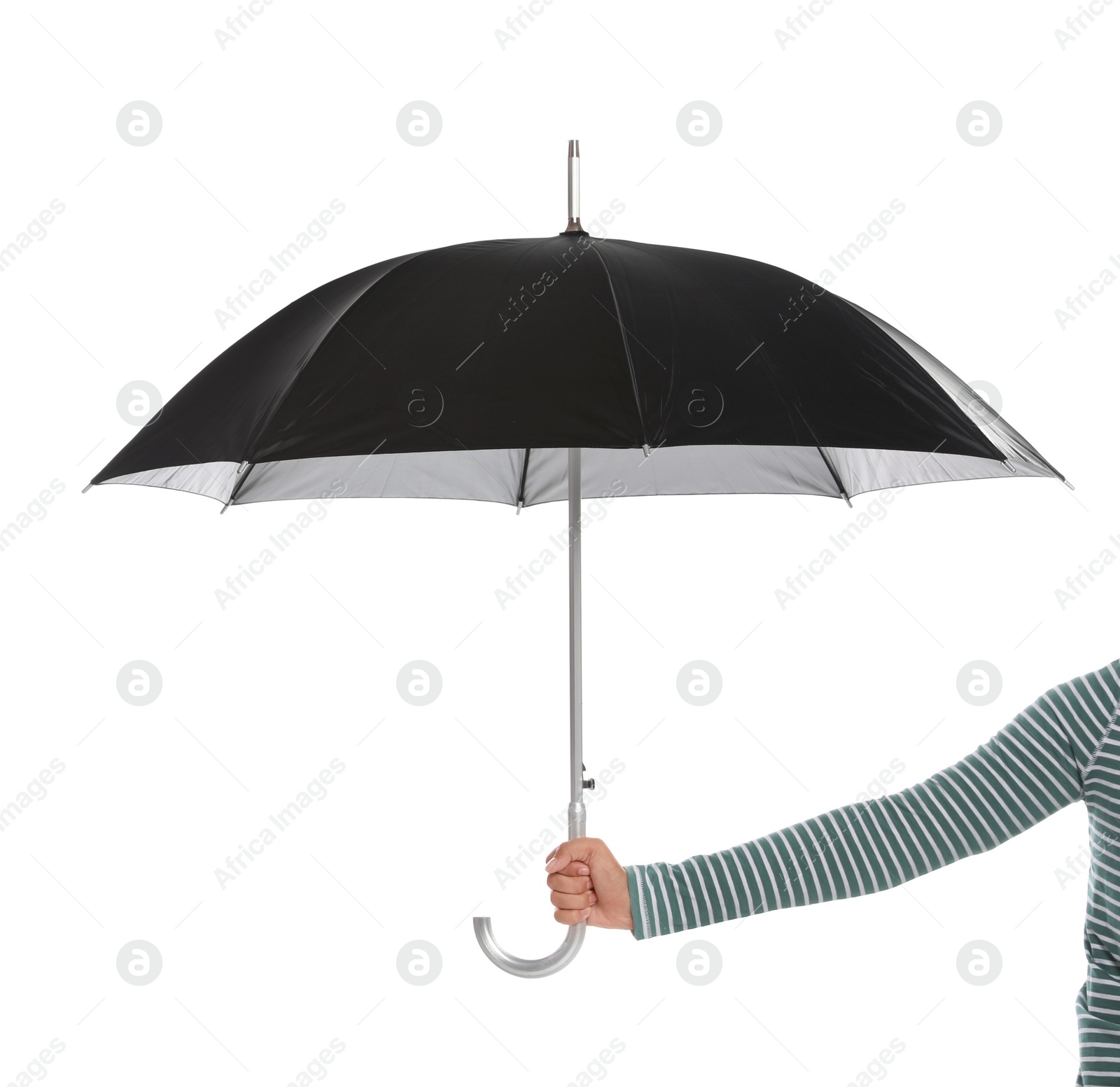 Photo of Person holding beautiful open umbrella on white background