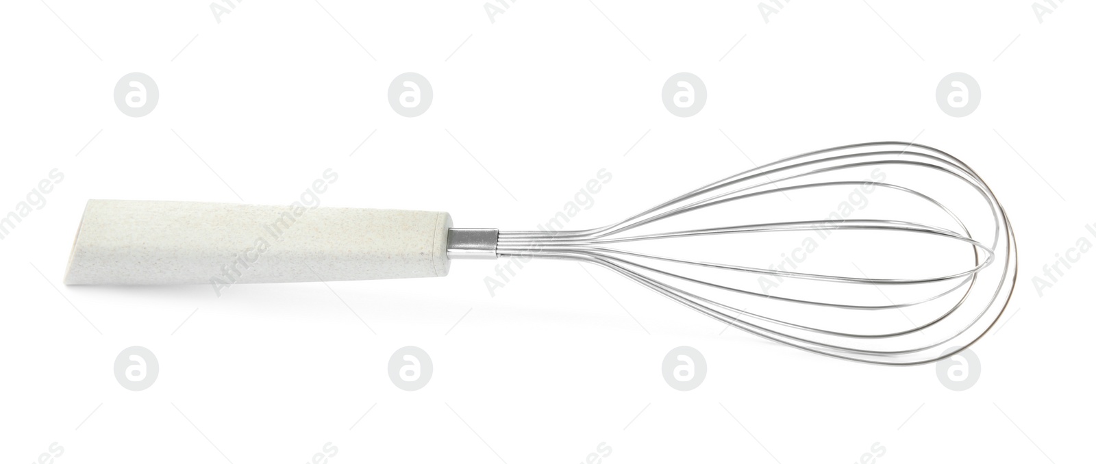 Photo of Metal whisk isolated on white. Kitchen utensil