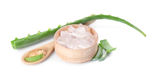 Photo of Natural gel and pieces of aloe vera leaves isolated on white