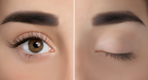 Collage with photos of young woman before and after eyelash extension procedure, closeup