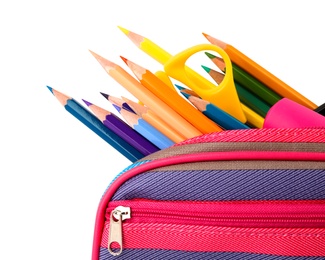 Case full of color pencils and school stationery on white background