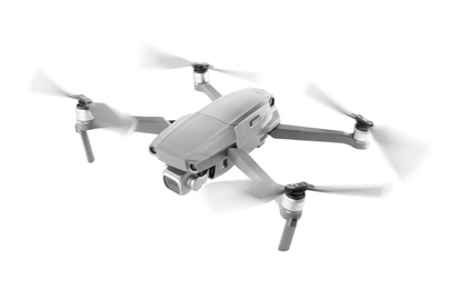 Drone with camera flying on white background. Modern gadget