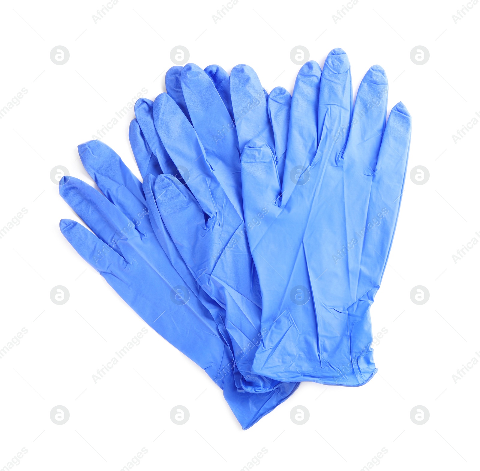 Photo of Protective gloves isolated on white, top view. Medical item