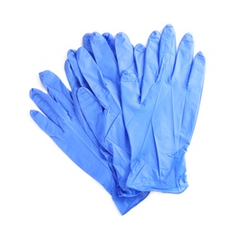 Photo of Protective gloves isolated on white, top view. Medical item