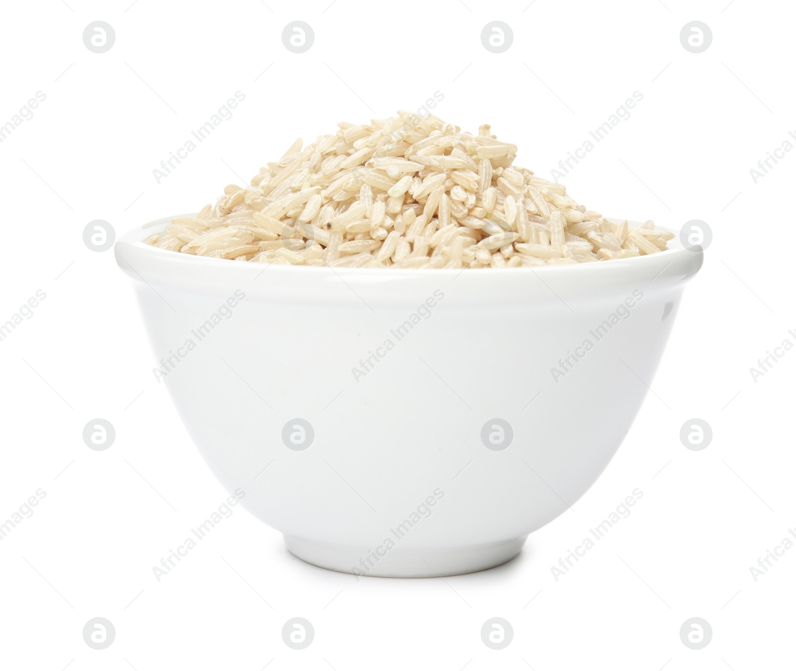 Photo of Bowl with raw unpolished rice on white background