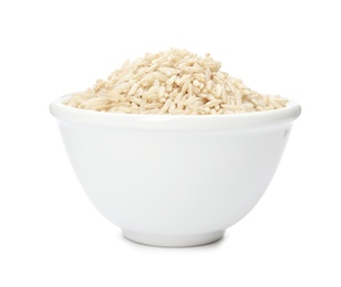 Photo of Bowl with raw unpolished rice on white background