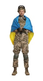 Soldier in military uniform with Ukrainian flag on white background