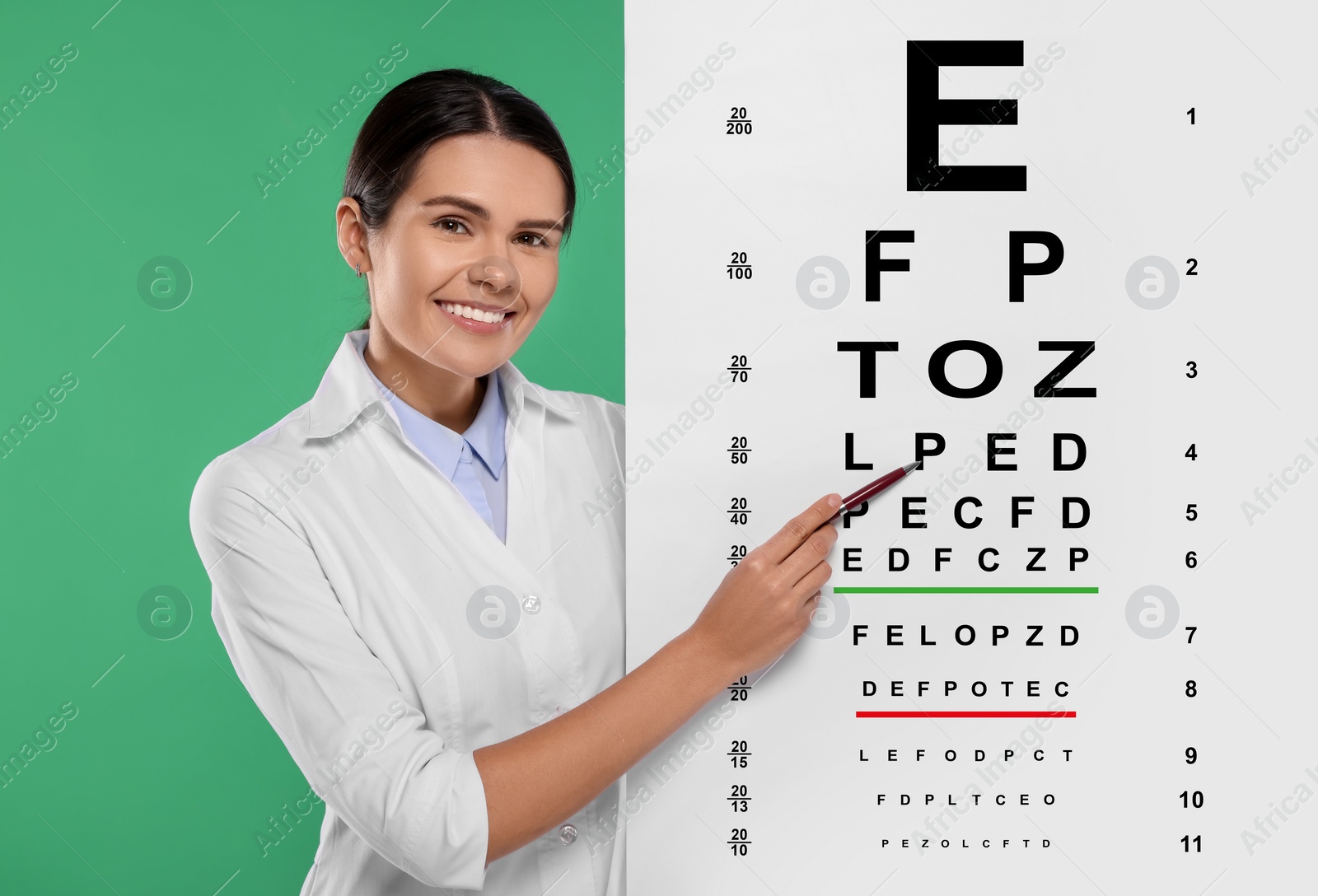 Image of Ophthalmologist pointing at vision test chart on green background