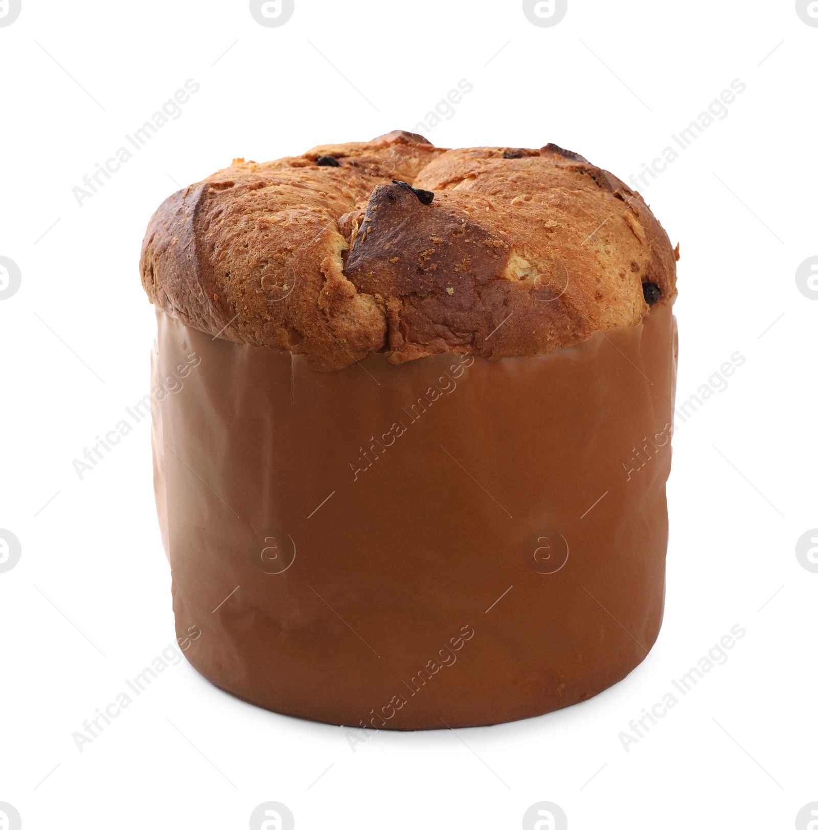 Photo of Delicious Panettone cake on white background. Traditional Italian pastry