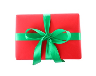 Christmas gift box decorated with ribbon bow on white background, top view