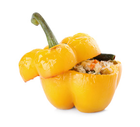 Photo of Tasty stuffed bell pepper isolated on white