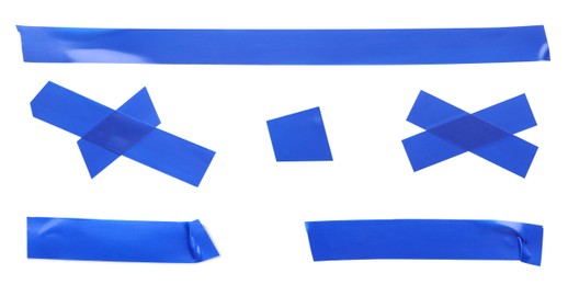 Image of Collage with pieces of blue insulating tape on white background, top view