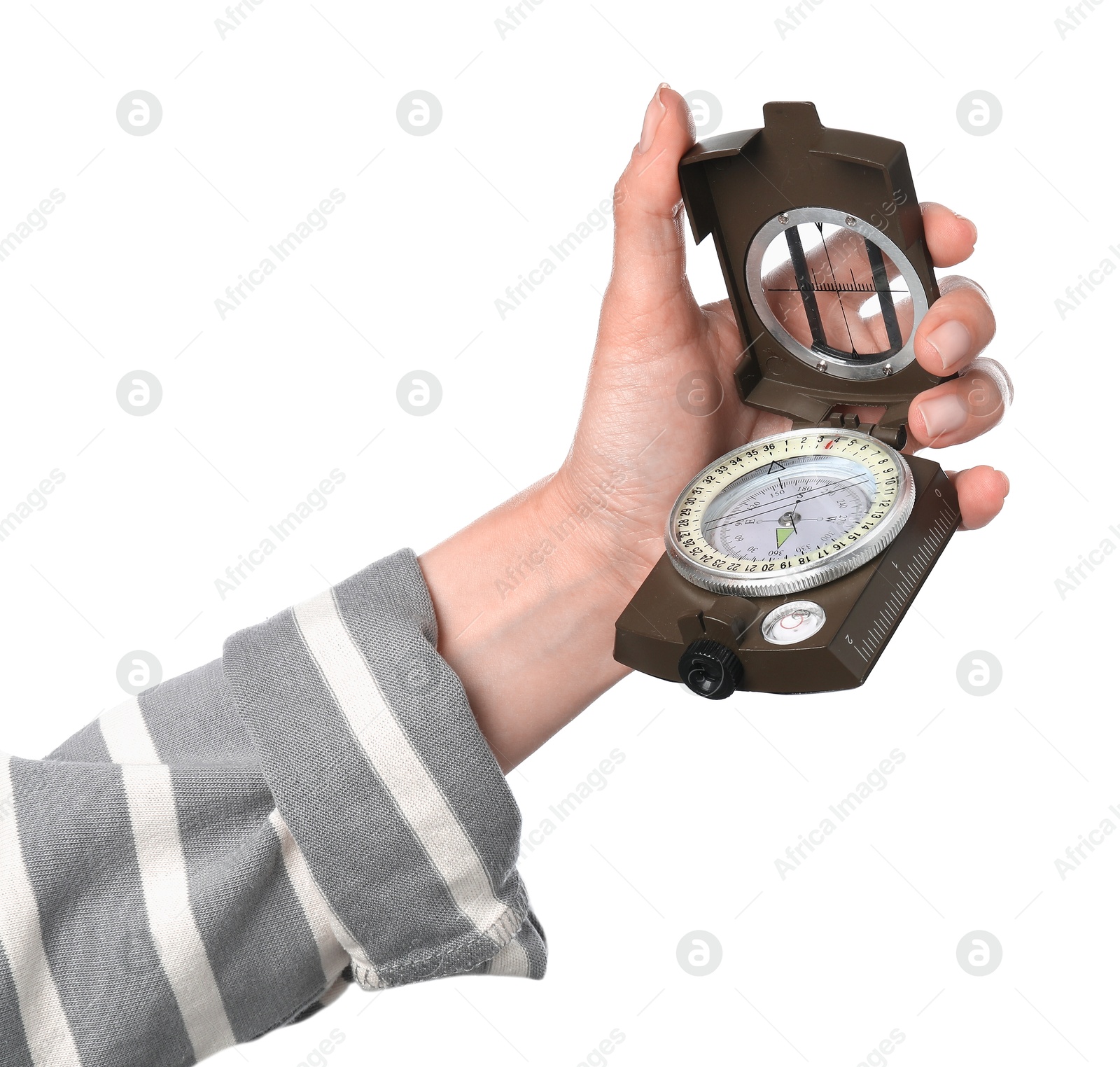 Photo of Woman holding compass on white background, closeup