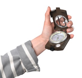 Photo of Woman holding compass on white background, closeup