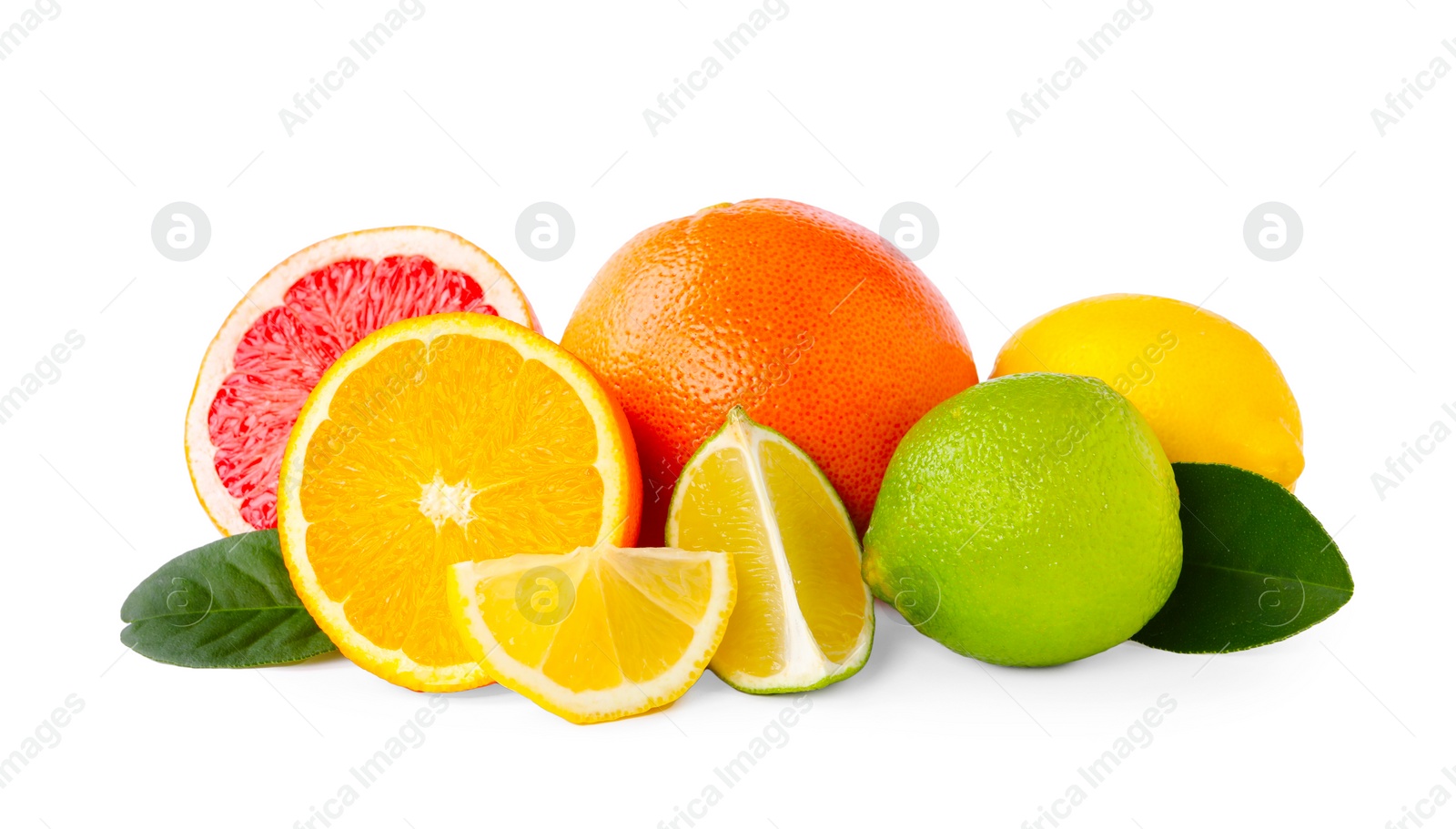 Photo of Fresh ripe citrus fruits and green leaves isolated on white