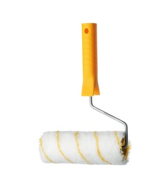 Photo of New paint roller brush on white background