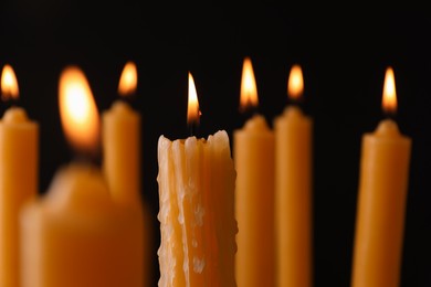 Many burning church candles on black background, closeup