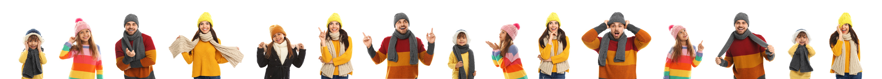 Image of Collage with photos of people wearing warm clothes on white background, banner design. Winter vacation