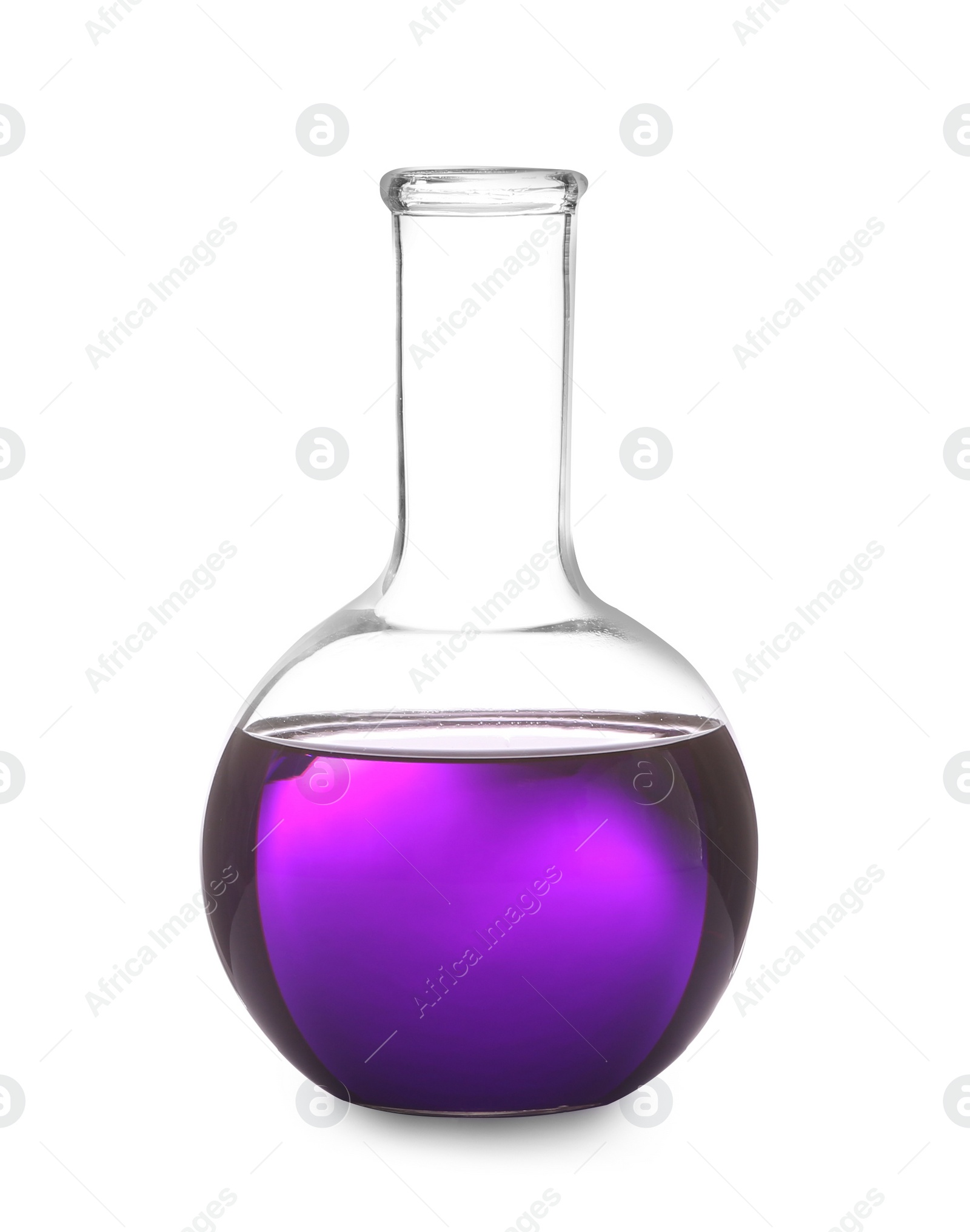 Photo of Glass flask with liquid on white background. Solution chemistry