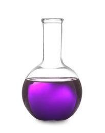 Photo of Glass flask with liquid on white background. Solution chemistry