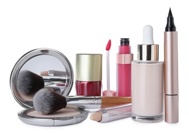 Different luxury cosmetic products on white background