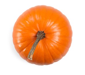 Photo of One fresh orange pumpkin isolated on white, top view