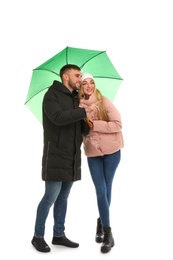 Full length portrait of beautiful couple with umbrella, isolated on white