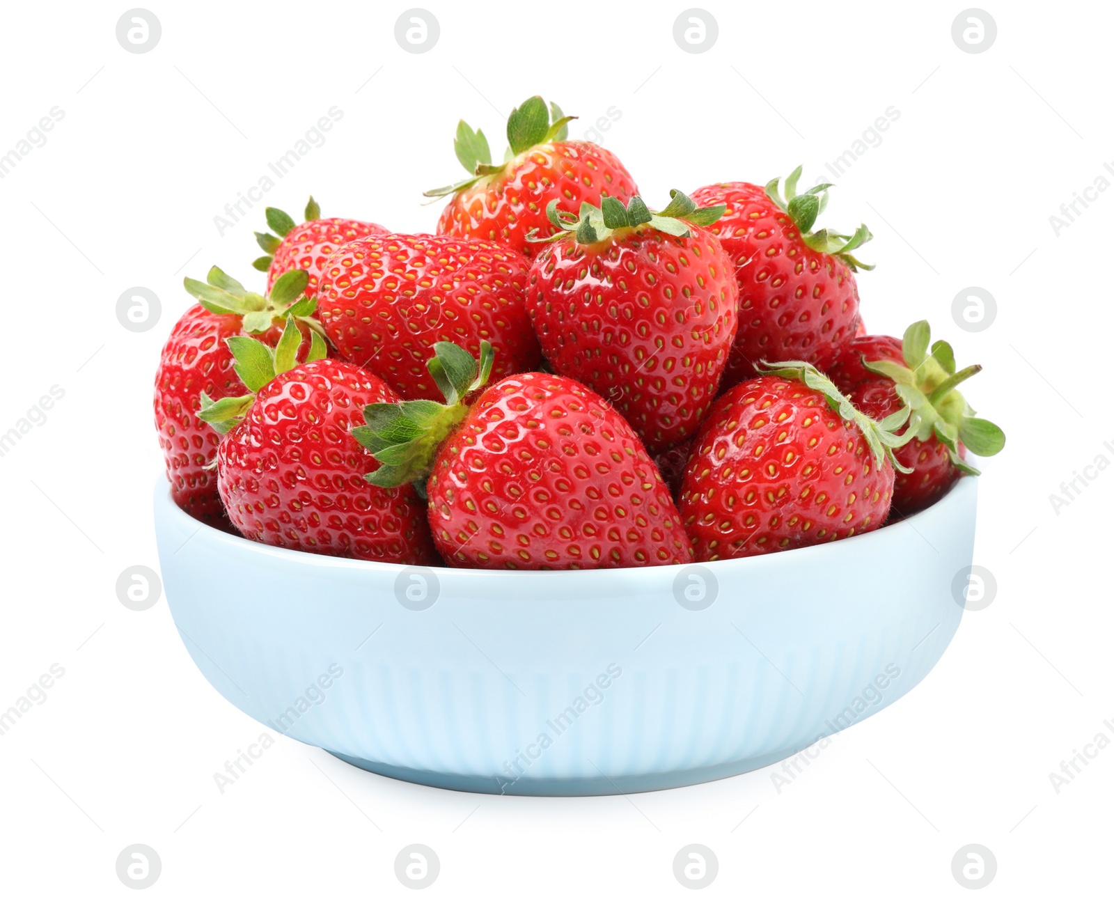 Photo of Fresh red strawberries in bowl isolated on white