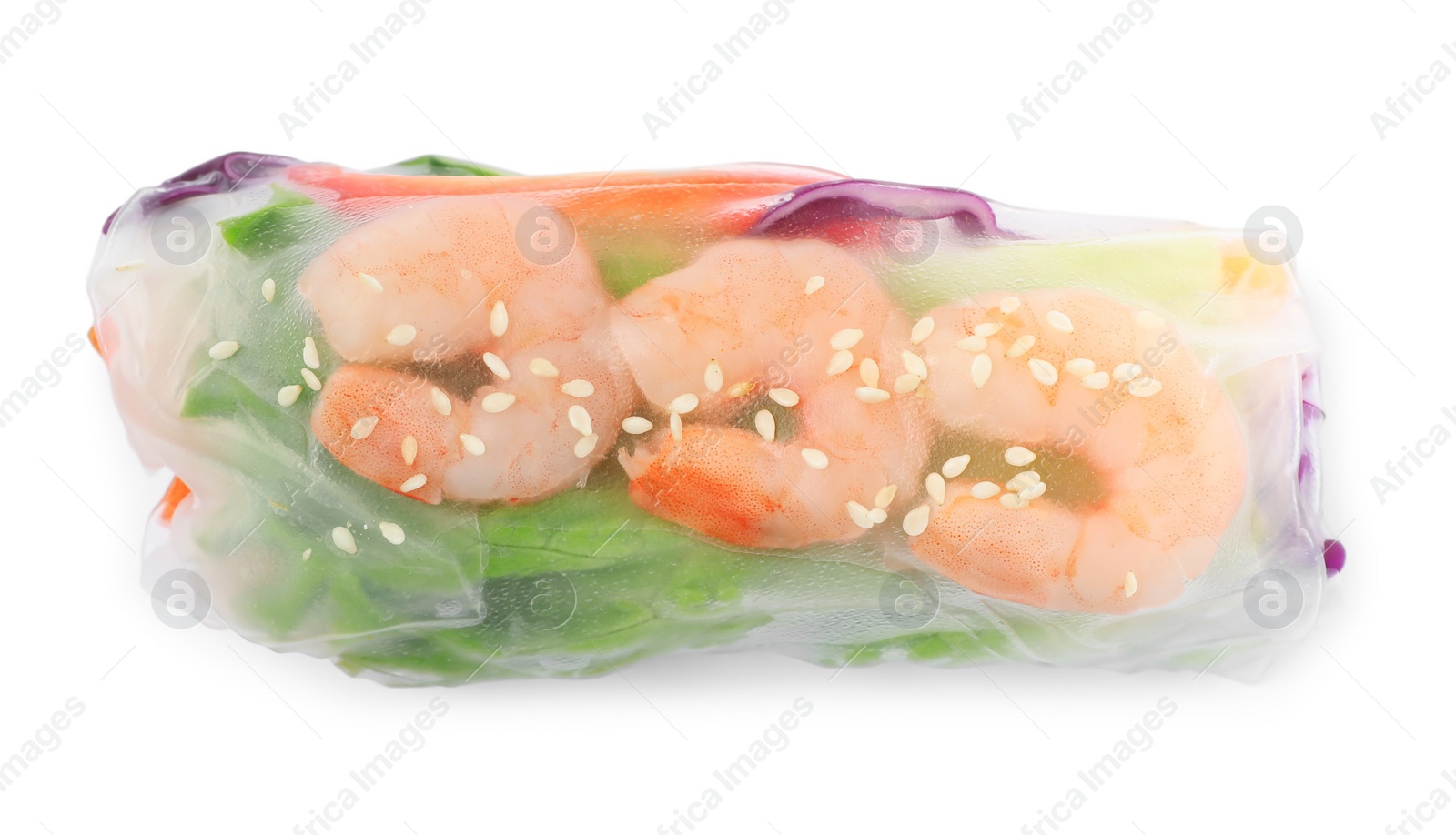 Photo of Delicious roll wrapped in rice paper on white background, top view