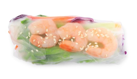 Delicious roll wrapped in rice paper on white background, top view