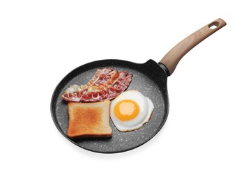 Photo of Frying pan with delicious fried egg, bacon and toast isolated on white