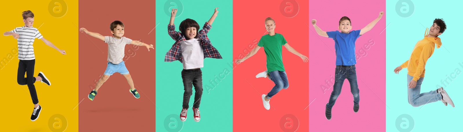 Image of Group of children jumping on color backgrounds, set of photos