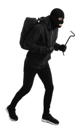 Man wearing black balaclava with backpack and crowbar on white background