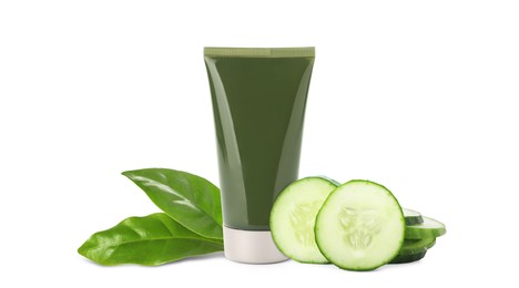 Image of Makeup remover, fresh cucumber and green leaves on white background